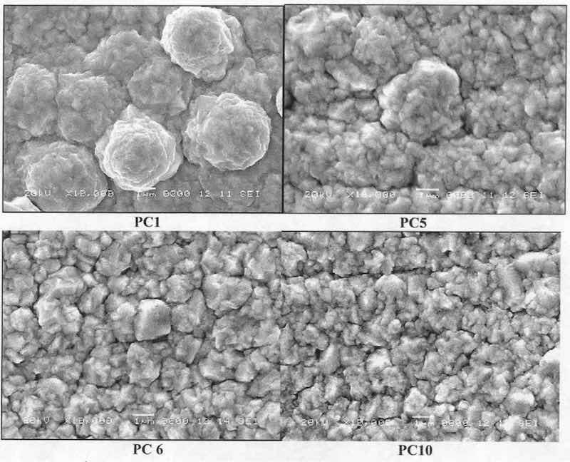 Fig. 11âDeposit morphology with pulsed current at various operating conditions (PC1, PC5, PC6, PC10).