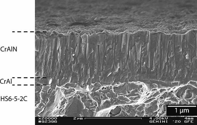 Fig. 1. SEM image of the CrAlN coated compound in cross-section; sample ID 4052 [12].