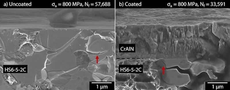 Fig. 10. Fracture cross-section SEM images of (a) uncoated and (b) coated samples after single step cyclic bending test at Ïa = 800 MPa.