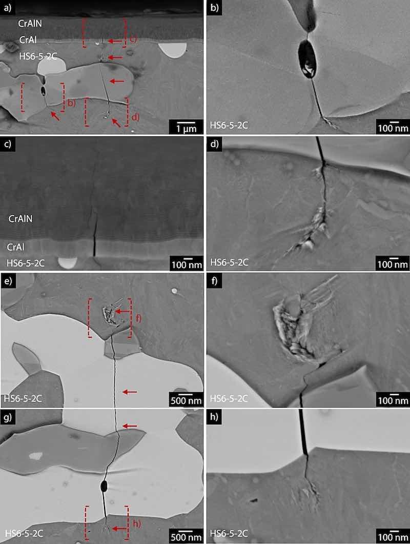Fig. 15. Crack paths for the fatigue cracks observed at location 1 (a-b), location 2 (c-d) and location 3 (e-h) in Fig. 14a.