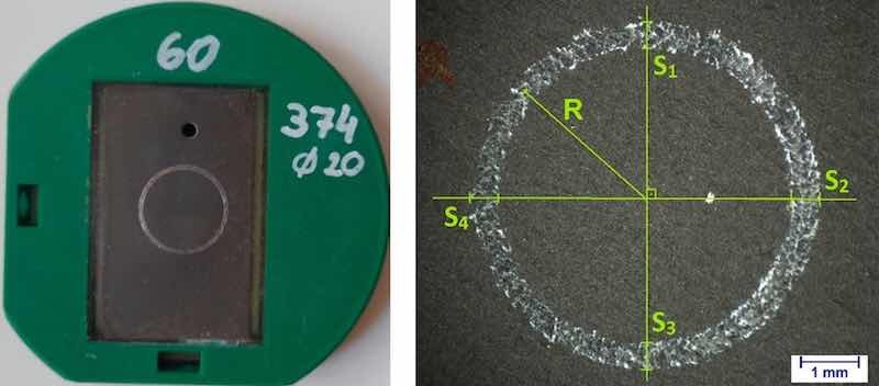 Figure 2. Anodized sample (j = 2 A/dm2; t = 1 h) in the holder and resulting wear mark.