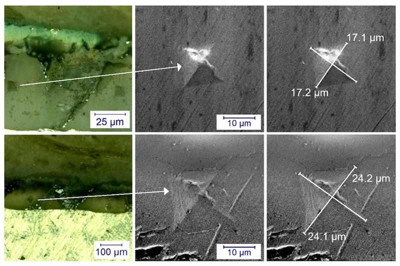 Figure 4. Optical microscope and scanning electron microscope image of M3 (first row) and M2 (second row) samples on the cross section. It can be seen that the diagonals are smaller in the case of the harder sample, while the diagonals of the pattern are larger in the case of the softer sample.