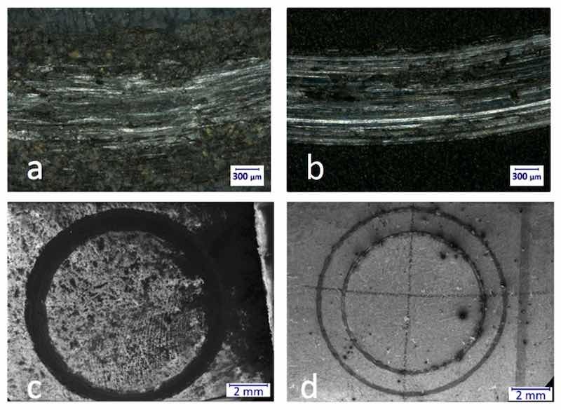 Figure 8. Optical microscopic images of a part of the wear track of porous (M5, (a)) and nonporous (M4PT, (b)) samples at 100Ã magnification (a,b). In the case of M5, the wear mark is more fragmented and not as continuous as in the case of M4PT. The reason for this is that while the hardness of M5 is 508 HV, the hardness of M4PT is âonlyâ 341 HV. A scanning electron microscope was used to evaluate the wear marks more precisely. The SEM images of porous sample (c) and the nonporous (d) sample at 20Ã magnification.