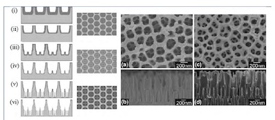 Figure 5 - (Left) Schematic diagram of the sequential fabrication steps of three-tiered branched AAO: (i and ii) first step, first-tier pore anodization and thinning of barrier layer; (iii and iv) second step, second tier formation at reduced potential followed by thinning of the barrier layer; (v and vi) third step, forma- tion of third-tiered pores at further reduced anodization potential and final pore widening; (Middle) cor- responding top views of all tiers. (Right) SEM microscopy of the resulting pore structures: (a and b) Top and cross-sectional views of two-tiered branched AAO prepared by combined anodization in 0.3M phosphoric acid (130V) and 0.15M oxalic acid (80V) followed by thinning of the barrier layer; (c and d) Top and cross-sectional views of the three-tiered branched AAO prepared by combined anodization in 0.3M phosphoric acid (130V), 0.15M oxalic acid (80V) and 0.15M oxalic acid followed by thinning of the barrier layer.