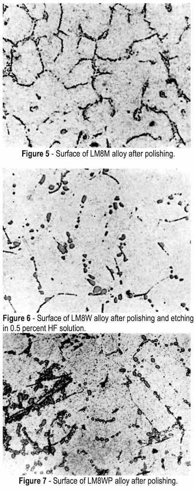 Figure 5 - Surface of LM8M alloy after polishing; Figure 6 - Surface of LM8W alloy after polishing and etching in 0.5 percent HF solution; Figure 7 - Surface of LM8WP alloy after polishing.