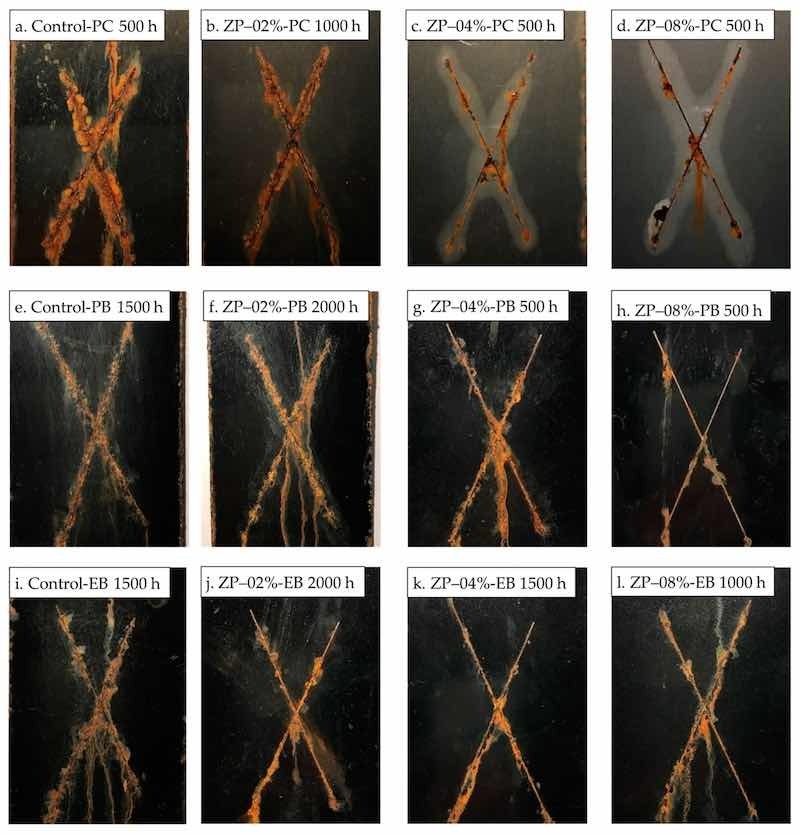 Figure 8. Panel photos after the salt spray test, ZP in PC (aâd), PB (eâh), and EB (iâl). under the majority of service conditions faced by these coatings.